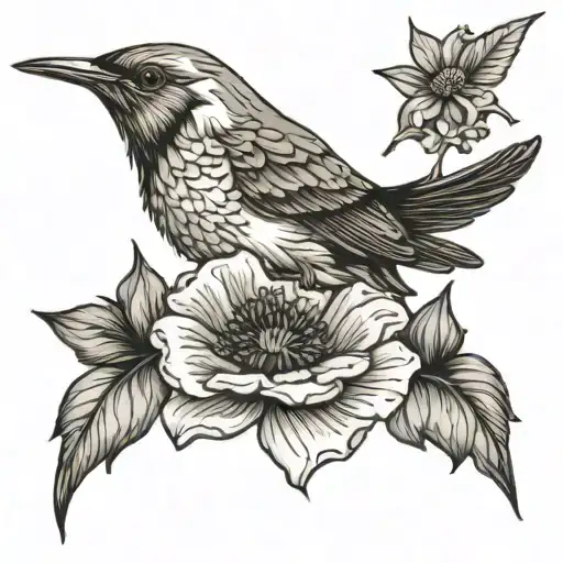 mockingbird and hummingbird flying around poppy flowers tattoo design idea