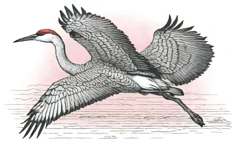 sandhill crane flying pink sunset sky over water tattoo design idea