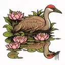 sandhill crane water lily pad trees pink skies tattoo design idea