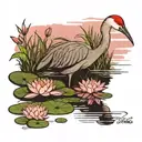 sandhill crane water lily pad trees pink skies tattoo design idea