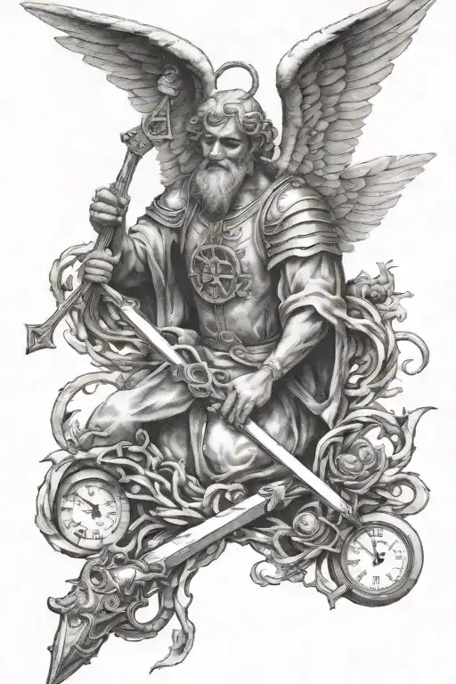 angel destroying pitchfork mideval no shading tattoo design idea