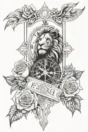Forearm tattoo including jesus praying, a Big cross in the middle, a lion, a roman numeral clock, and roses. blended tattoo design idea