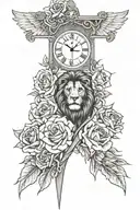 Forearm tattoo including jesus praying, a Big cross in the middle, a lion, a roman numeral clock, and roses. blended tattoo design idea