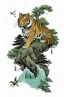 evergreen forest by the river, watchtower, sun rising over the river, a tiger holds a sable in it tattoo design idea