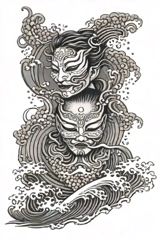 Japanese waves with mask tattoo design idea