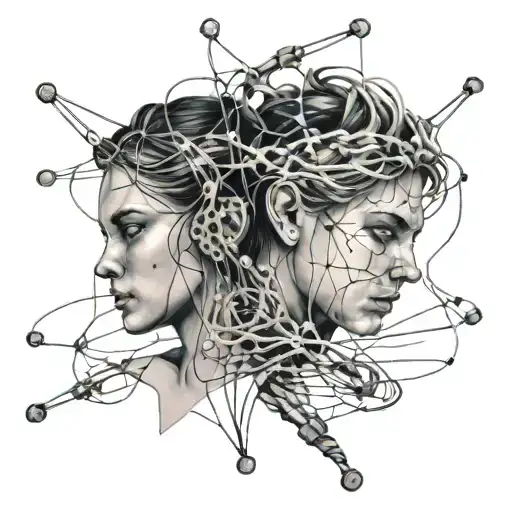A black-grey tattoo of a Gemini constellation made up of interconnected computer cables and wires tattoo design idea
