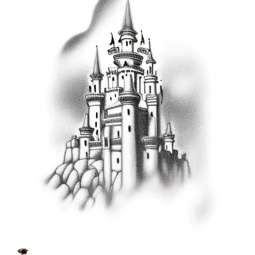 A realistic portrait of a Disney castle on the beach in Andalucia, with horses running freely in the background symbolizing freedom and love tattoo design idea