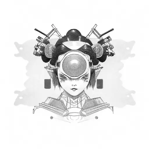character as a Japanese geisha with a cyberpunk twist. She will be holding a katana in her hands. Her face will resemble tattoo design idea