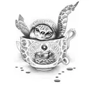 turtle drinking tea an owl drunking coffee  tattoo design idea