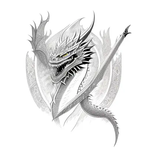  Incorporating intricate binary designs, a fantasy dragon entwines around a sword, tailored for a 12x8 inch shoulder tat tattoo design idea