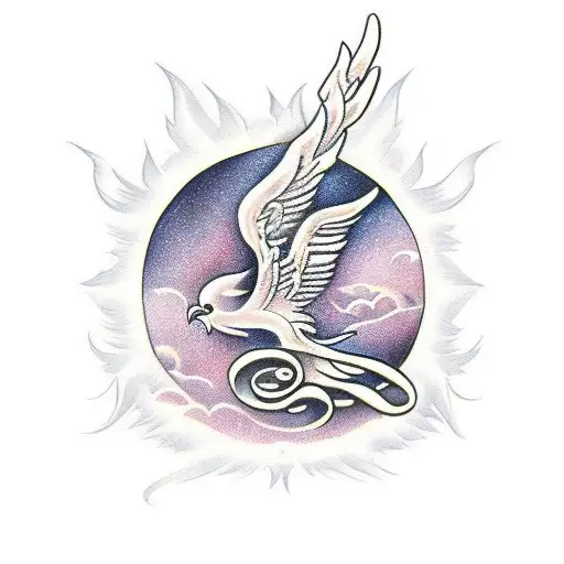 realistic flying phoenix. feather of lambda and musical symbol tattoo design idea