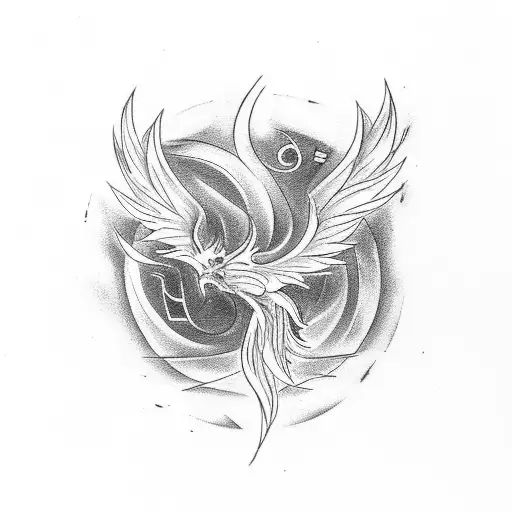 A tattoo design of a Phoenix with a musical note and the name "Aliin the tail of tattoo design idea