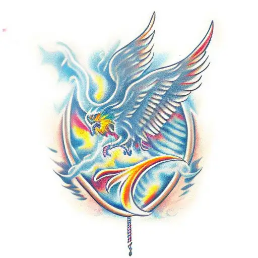 realistic flying phoenix. feather of lambda and musical symbol tattoo design idea