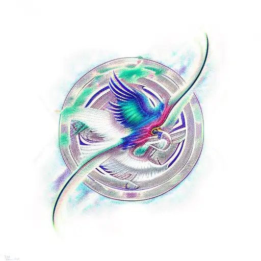 phoenix with 3 heads. lambda and musical symbol, night sky tattoo design idea