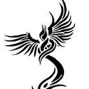 A tattoo design of a Phoenix with a musical note and the name "Aliin the tail of tattoo design idea