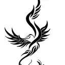A tattoo design of a Phoenix with a musical note and the name "Aliin the tail of tattoo design idea