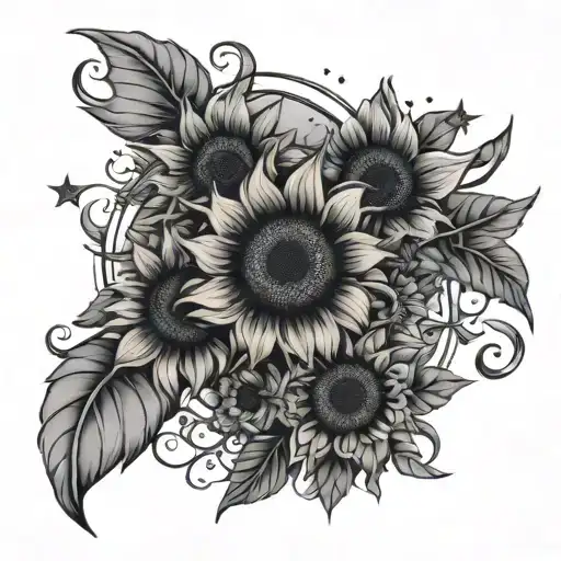 Vertical moon phases with three sunflowers with small vines and leaves with stars tattoo design idea