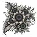 Vertical moon phases with three sunflowers with small vines and leaves with stars tattoo design idea