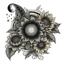 Vertical moon phases with three sunflowers with small vines and leaves with stars tattoo design idea