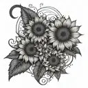 Vertical moon phases with three sunflowers with small vines and leaves with stars tattoo design idea