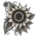 Vertical moon phases with three sunflowers with small vines and leaves with stars tattoo design idea