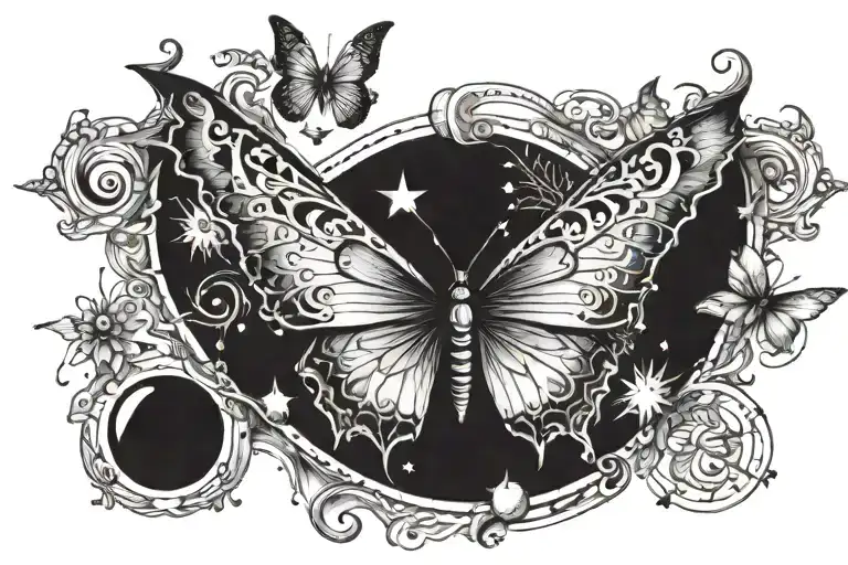 a sternum tattoo with a butterfly with a star above and realistic moons beside it tattoo design idea