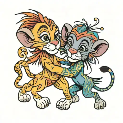 little lion simba and the monkey rafiki from the movie lion king, dancing together tattoo design idea