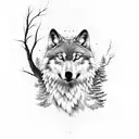 Sleeve with Trees, river, wolf, owl and eagle tattoo design idea
