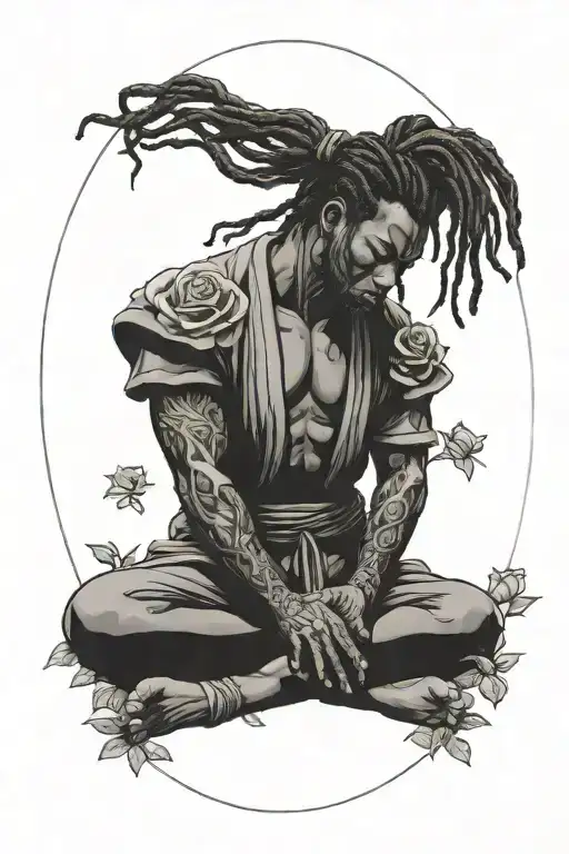 Black samurai with dreadlocks meditating in rose garden  tattoo design idea