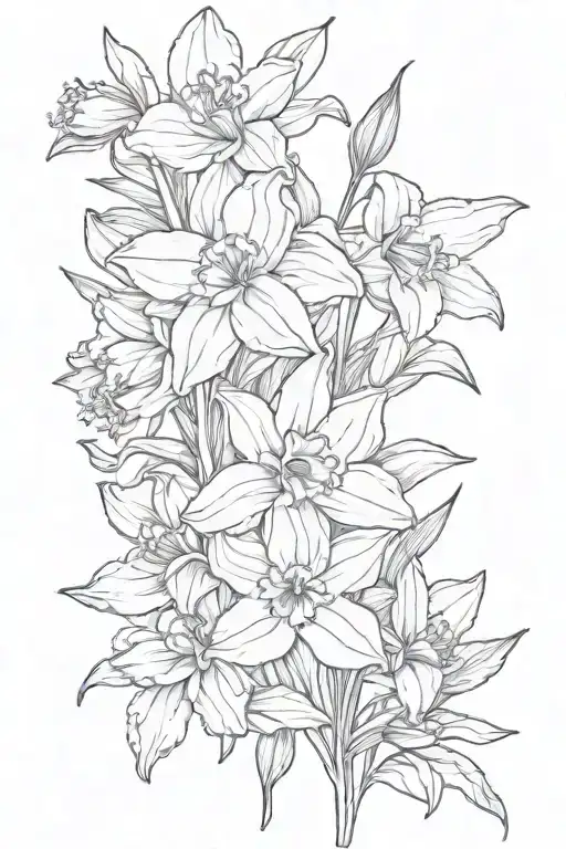 daffodils and Lillys, black fine line tattoo for upper arm. flowers linked with leaves and stems.  tattoo design idea