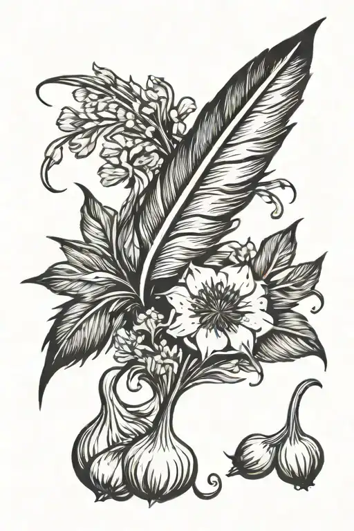 feather and garlic tattoo design idea