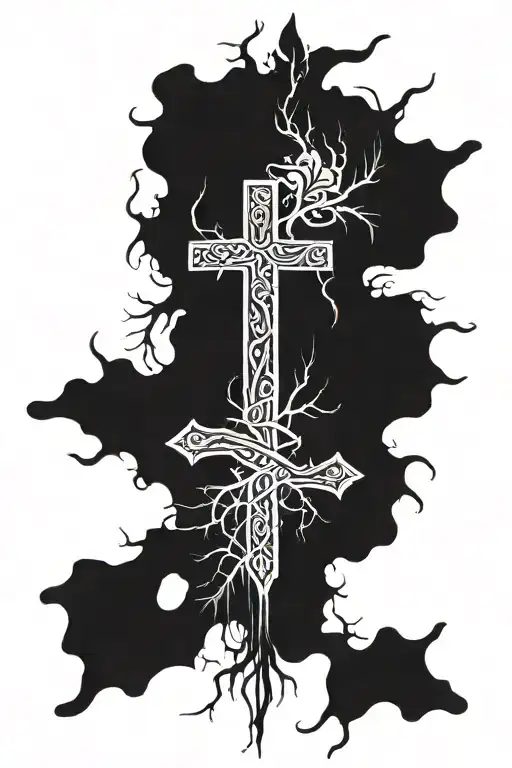 Cross with roots coming from the bottom half tattoo design idea