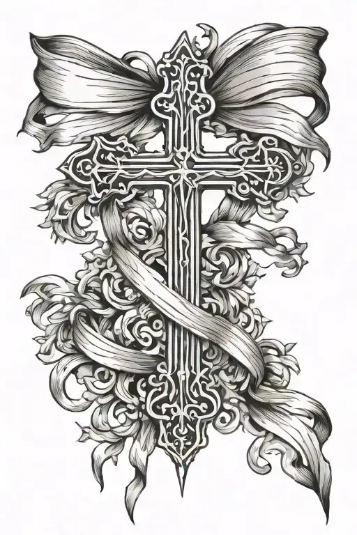 Cross with ribbon hanging around cross  tattoo design idea