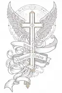 Cross with ribbon hanging around it and angel wings behind it and the name haywood and jayla on the ribbon tattoo design idea