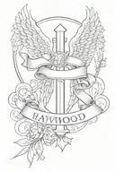 Cross with ribbon hanging around it and angel wings behind it and the name haywood and jayla on the ribbon tattoo design idea