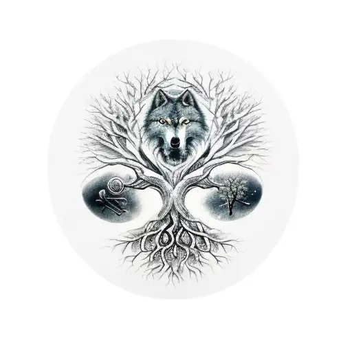 Tree of Life, family of three, wolf, viking hammer tattoo design idea