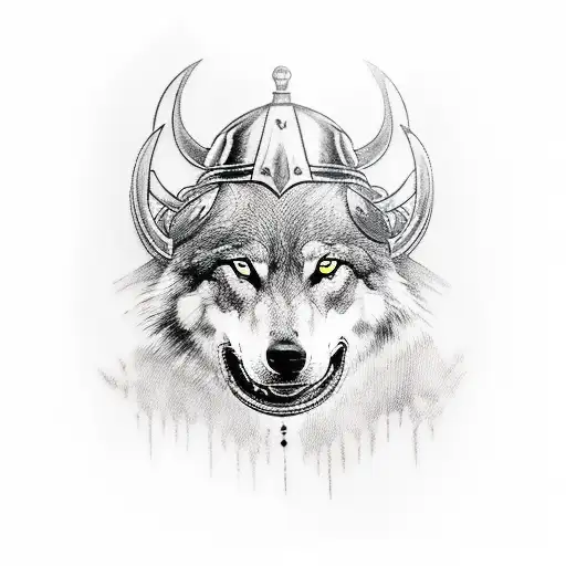 viking father woman and daughter protected by a wolf with odin thors hammer tattoo design idea