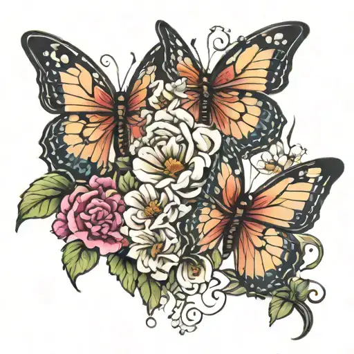 butterflies with flowers tattoo design idea