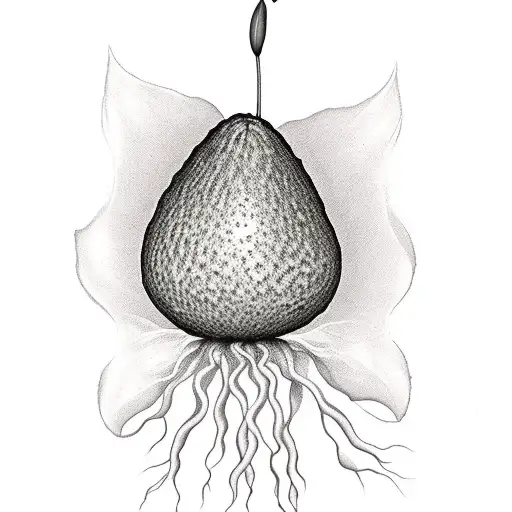avocado seed roots in a small glass, roots float in the water and a flower with 5 petals grows out of it tattoo design idea