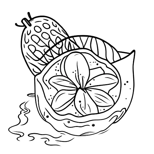 avocado seed germinating in a small glass, roots float in the water and a flower with 5 petals grows out of it tattoo design idea