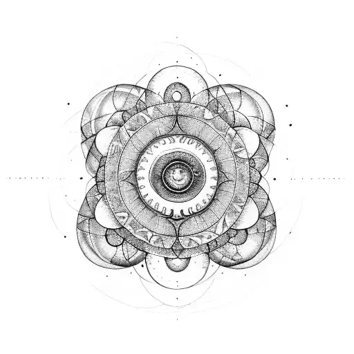 A sacred geometry mandala incorporating elements of meditation and spirituality, with a cosmic twist by adding planets and celestial bodies tattoo design idea