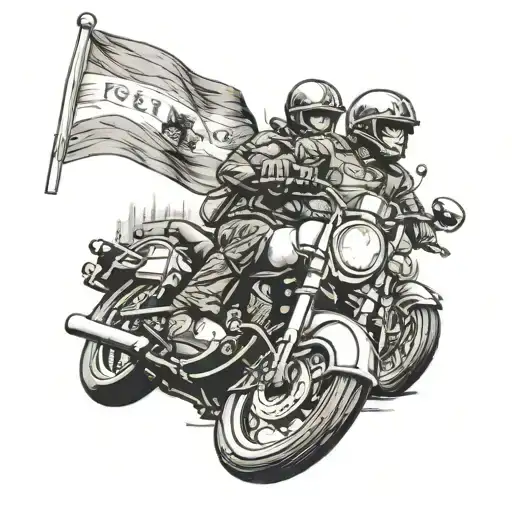A tattoo of a police officer riding a motorcycle through the streets of Spain, with European flags in the background tattoo design idea