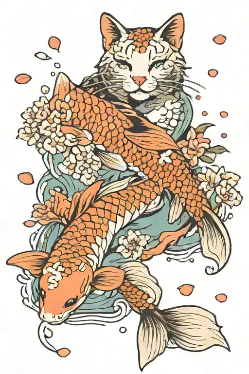cat koi fish winter cherry blossom petals floating in water tattoo design idea