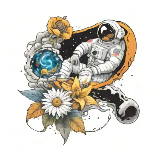 Black hole in space sucking in a flower and an astronaut  tattoo design idea