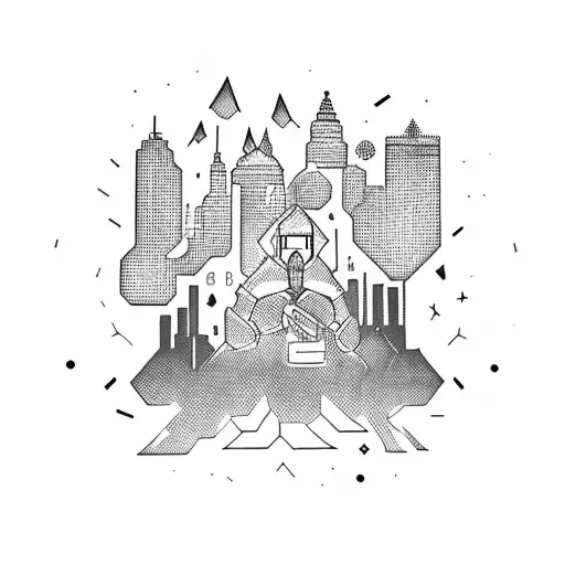 a bored hero sit down in street iluminated with ligths of city at the night  tattoo design idea