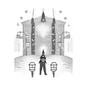 a bored hero sit down in street iluminated with ligths of city at the night  tattoo design idea