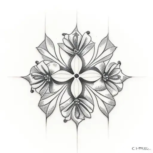 Christian Cross cherry blossoms the word Fuentes on a ribbon tattoo design idea