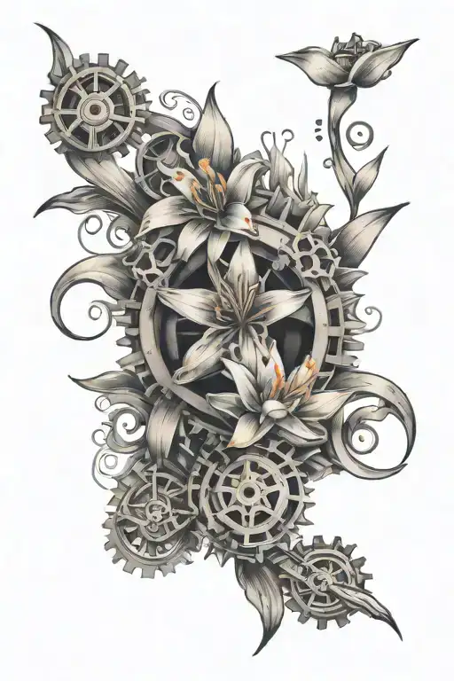 lily's, water, engine gears, pisces sign tattoo design idea
