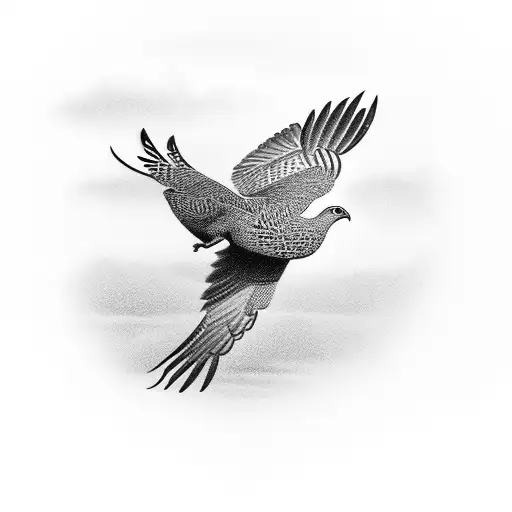 A detailed close-up of a sharp-tailed grouse in flight, with a hint of the surrounding prairie landscape tattoo design idea