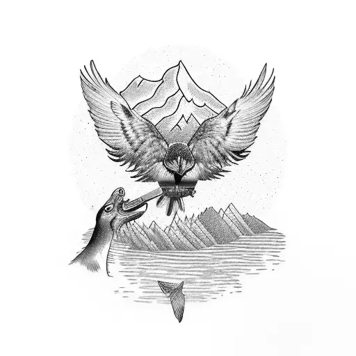 A majestic bird dog with a pheasant in its mouth, surrounded by a beautiful mountain landscape tattoo design idea